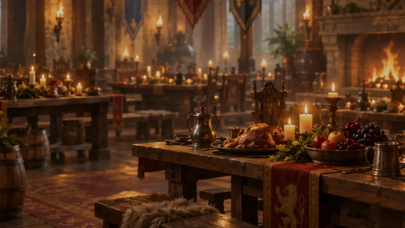 The hall where lords gather under royal banners