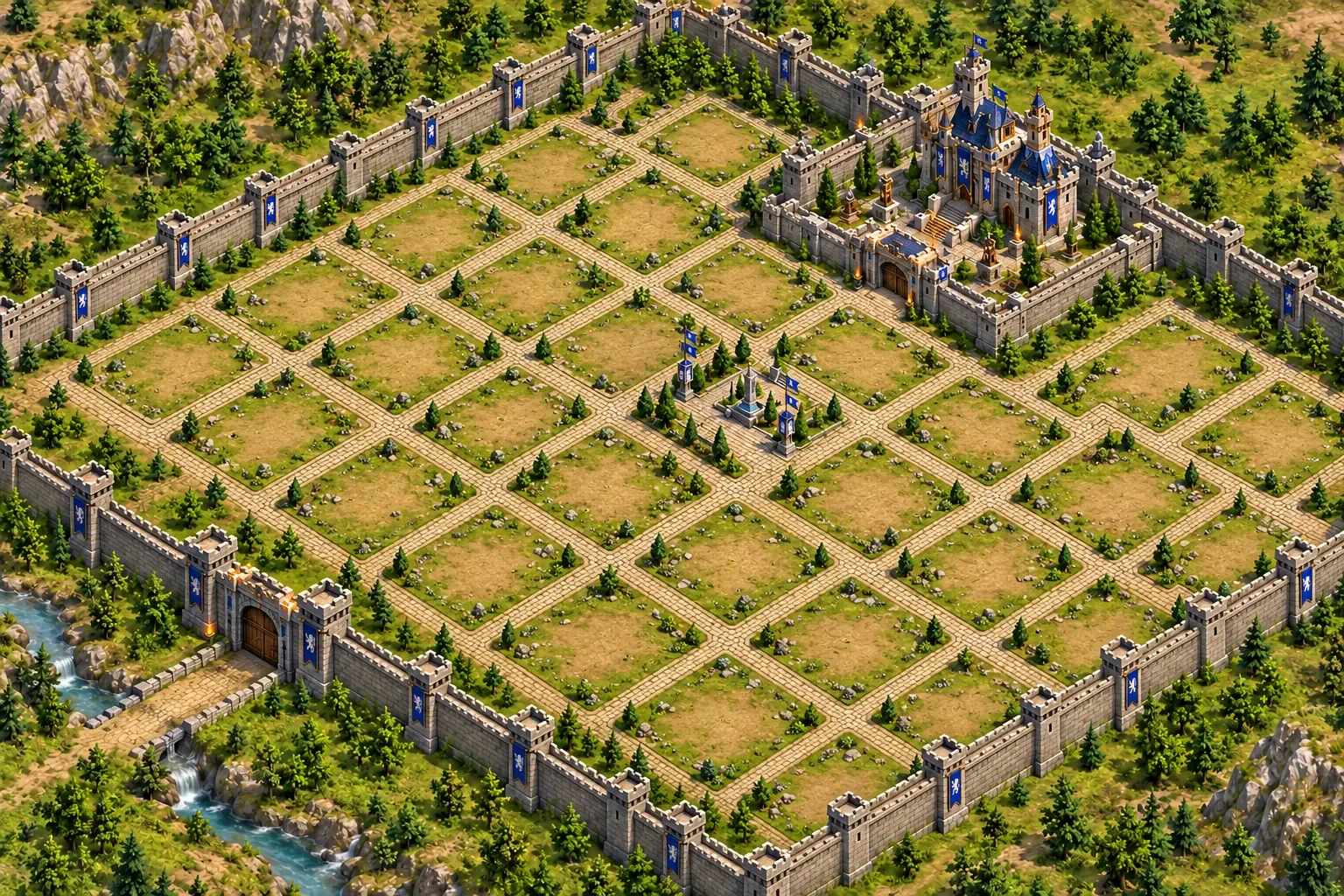 Castle walls and settlement plots in the realm of Corvaine