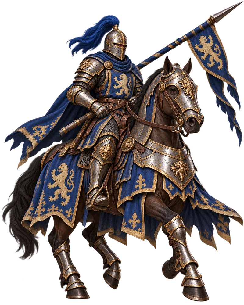 Blue-and-gold cavalry knight bearing the royal lion banner